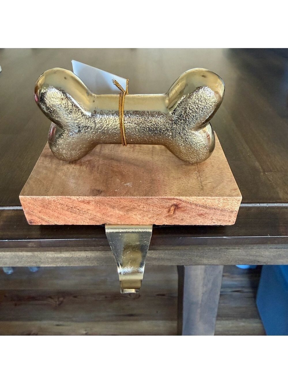 Gold Dog Bone and Wood Base Stocking Holder for Pets